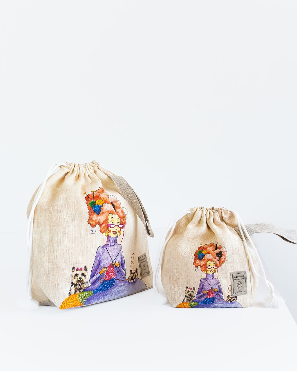 Large Drawstring Knitting Project Bag with Knitter print.