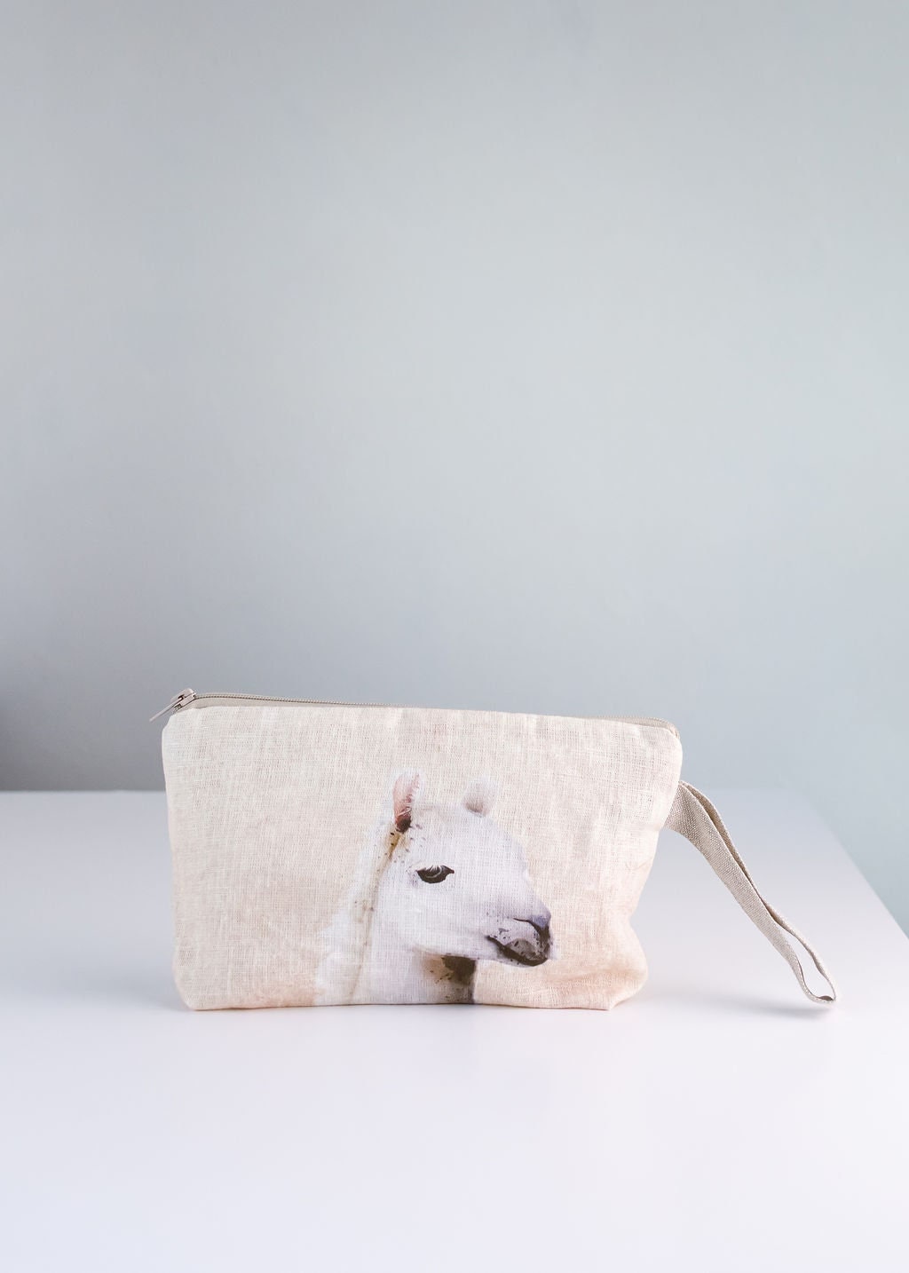Wristlet pouch Alpaca print fabric Natural linen