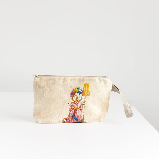 Wristlet pouch with knitter picture print on linen fabric