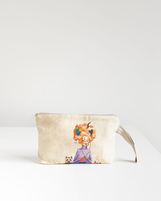 Wristlet pouch with knitter picture print on linen fabric. Cosmetic bag, glasses case.