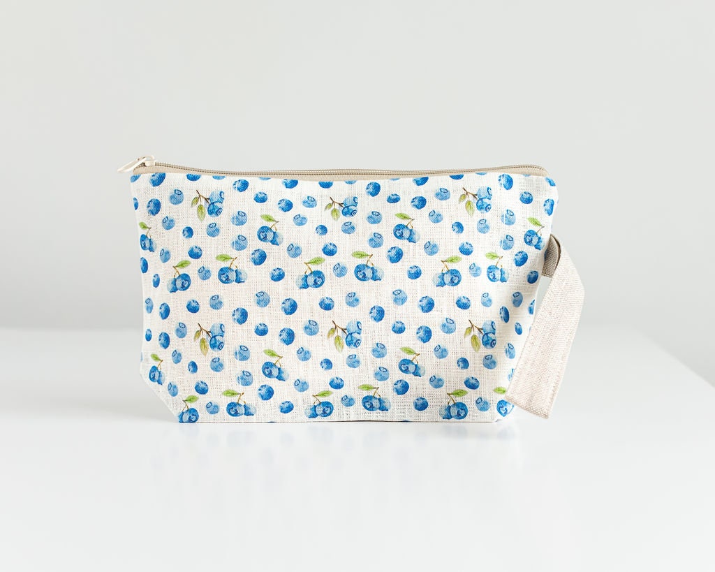 Wristlet pouch with blueberries print fabric Natural linen