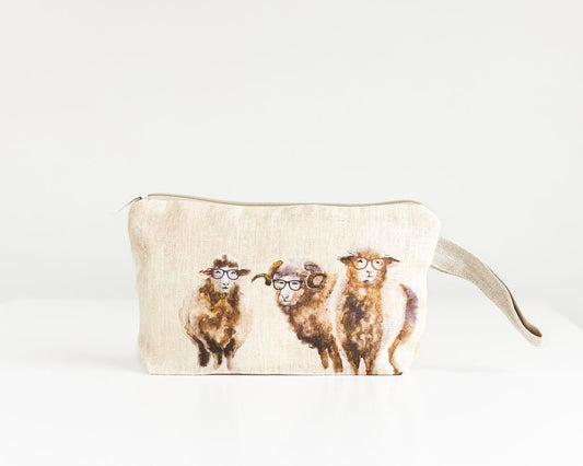 Wristlet pouch Sheep print fabric Natural linen - cosmetic bag pouch