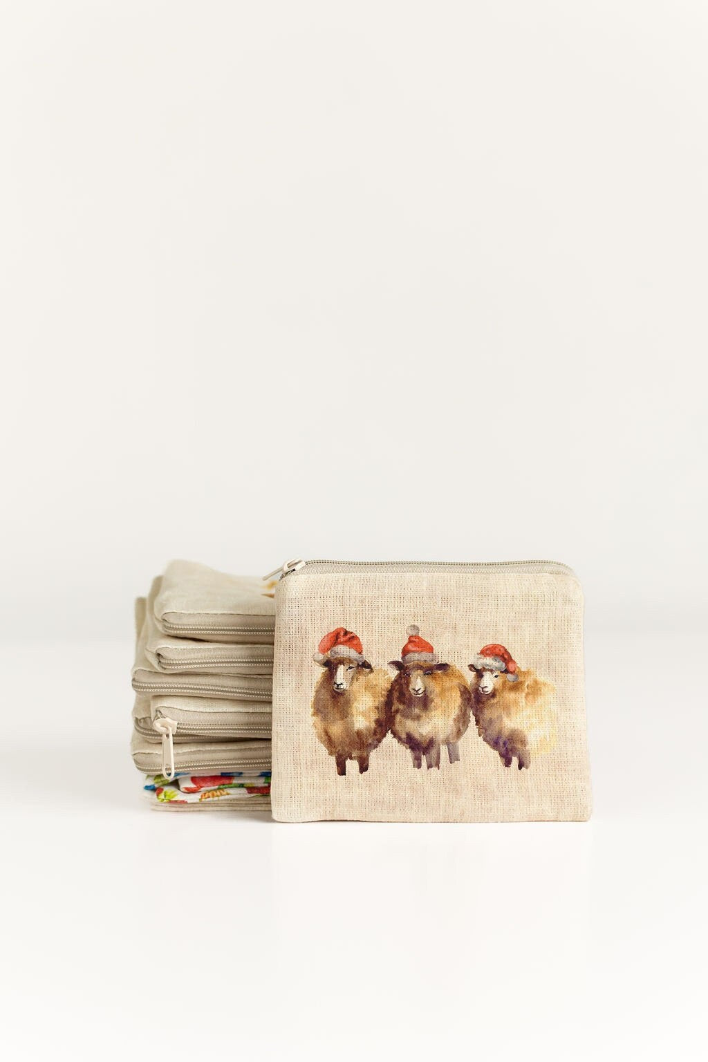 Small zip purse, small coin purse, sewing notions pouch, knitting pouch, Christmas sheep zip purse