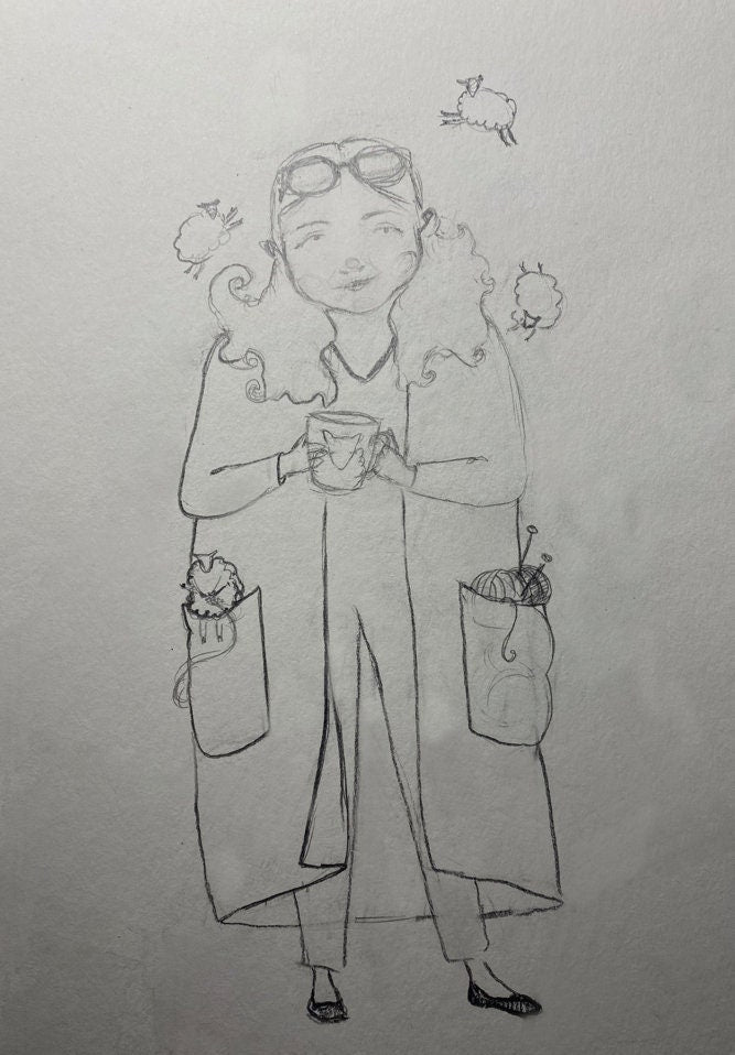 Project Bag with zipper with Lady with blue sweater dreaming about new projects picture.