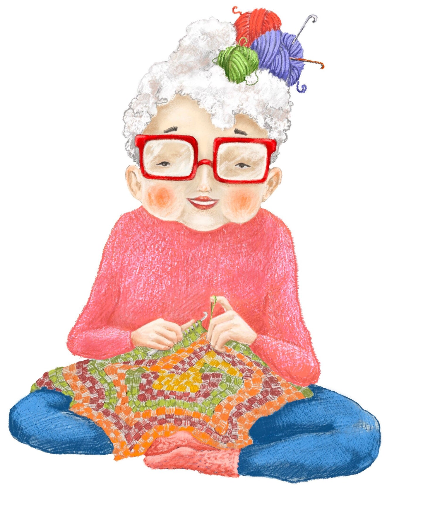 Medium size Project Bag with zipper and Old Lady who is crochet print