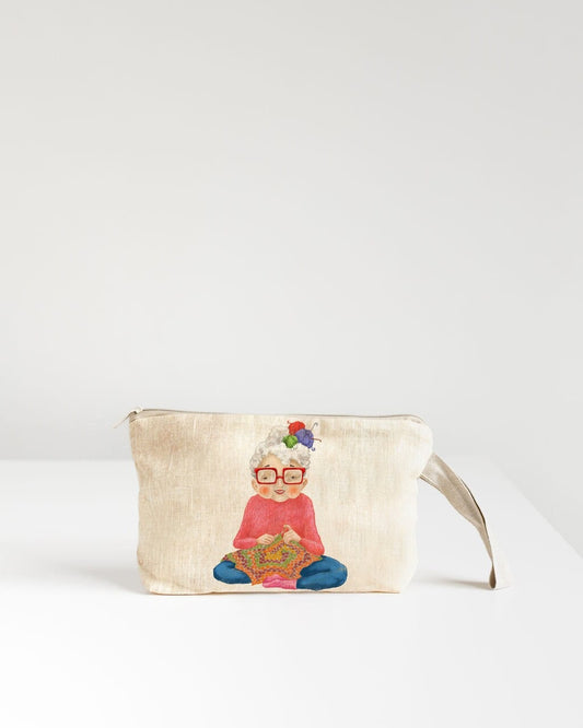 Linen Wristlet pouch with Old Lady who is crochet print.