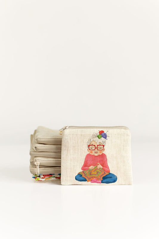 Small zip purse with Old Lady who is crochet print