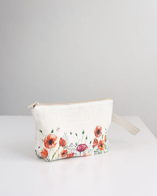 Poppy print wristlet pouch from linen fabric
