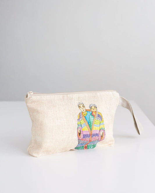 Linen wristlet pouch with print old couple wearing one big sweater