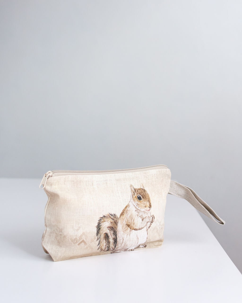 Linen wristlet pouch with Squirrel print