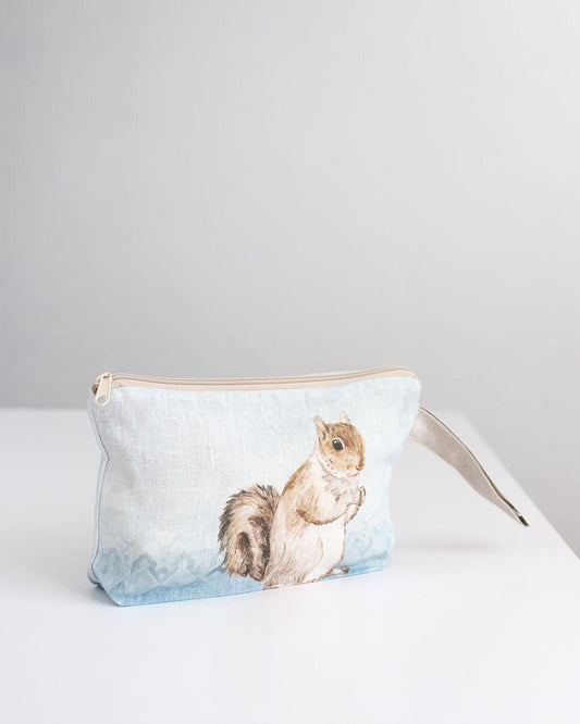 Linen wristlet pouch with Squirrel print