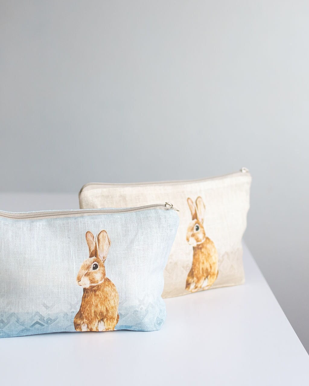 Linen wristlet pouch with Bunny print - cosmetic bag