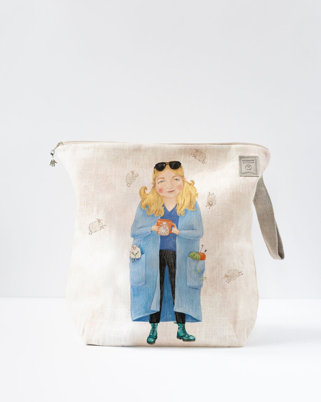 Project Bag with zipper with Lady with blue sweater dreaming about new projects picture.