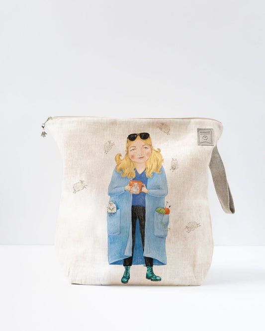 Project Bag with zipper with Lady with blue sweater dreaming about new projects picture.