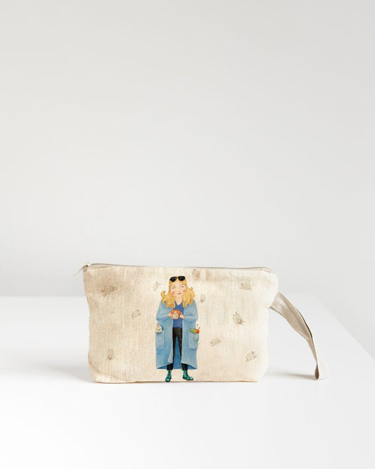 Linen Wristlet pouch with dreaming lady about new projects print.