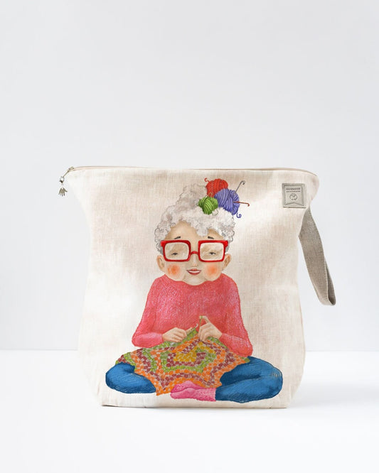 Medium size Project Bag with zipper and Old Lady who is crochet print