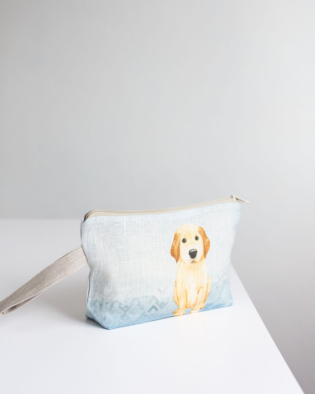 Linen wristlet pouch with Dog print