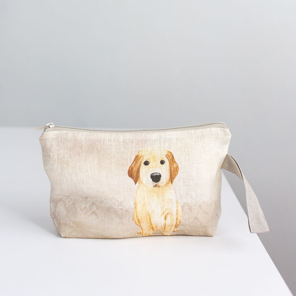 Linen wristlet pouch with Dog print