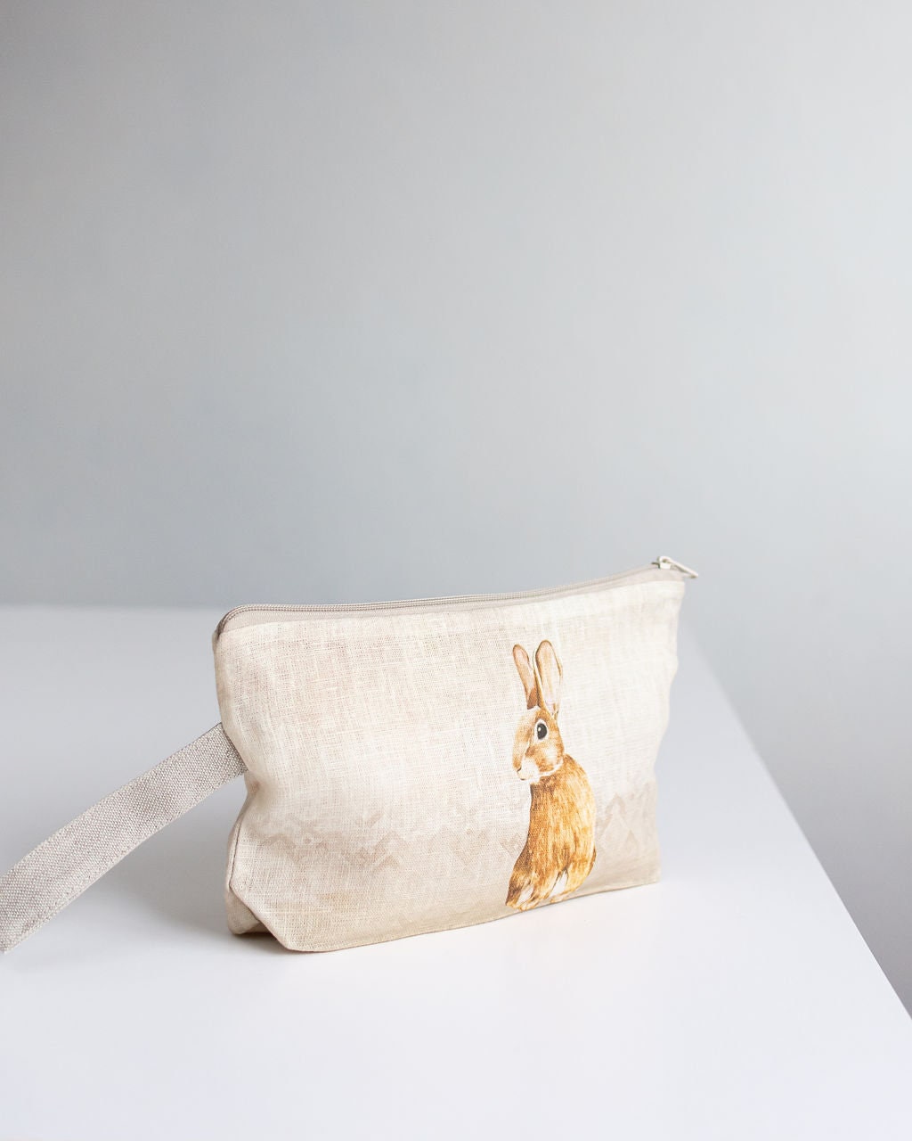 Linen wristlet pouch with Bunny print - cosmetic bag