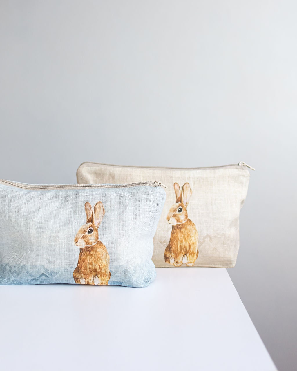 Linen wristlet pouch with Bunny print - cosmetic bag