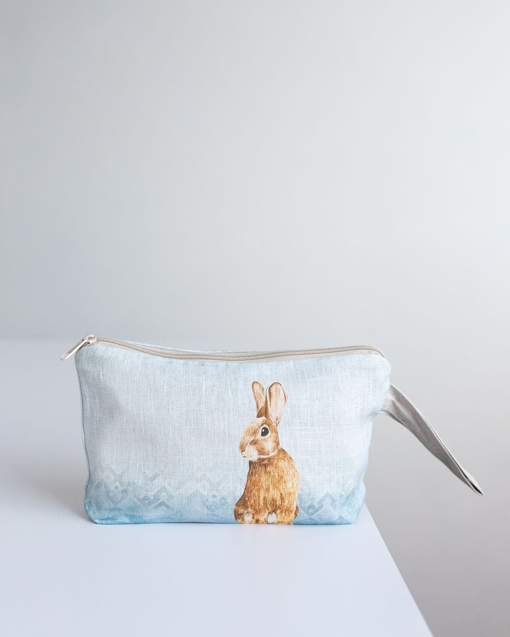 Linen wristlet pouch with Bunny print - cosmetic bag