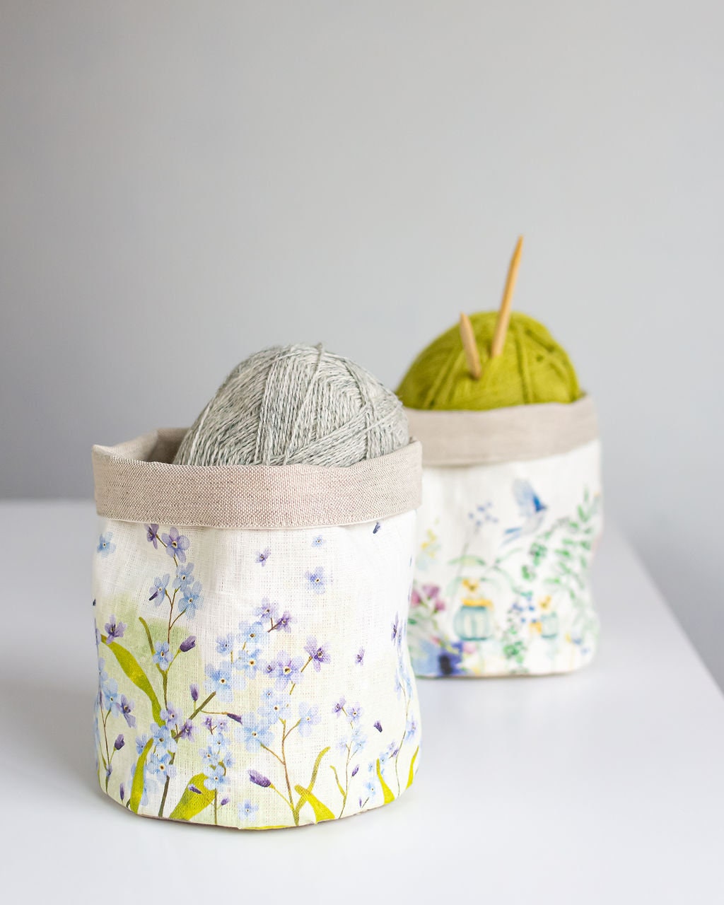 Storage basket with meadow print.