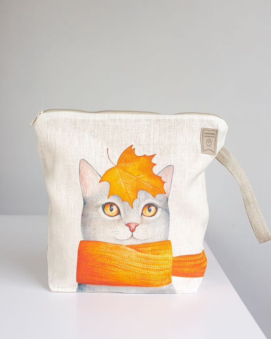 Project bag with zipper. Bag with cat print. Yarn organizer