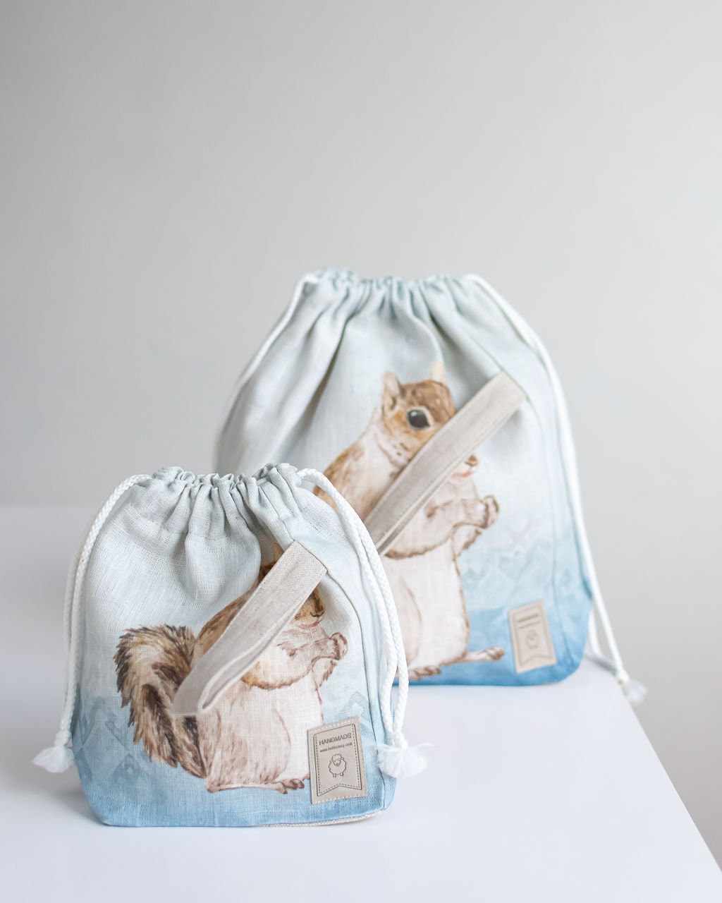Small WIP Project Bag with Knitter with Squirrel print and blue background