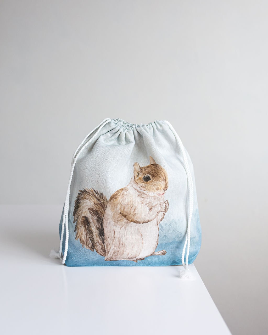 Small WIP Project Bag with Knitter with Squirrel print and blue background