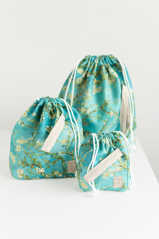 Project bags with Almond Blossom by Vincent van Gogh print. Set of 3 Project Bags. Sizes XL, Large and Small.