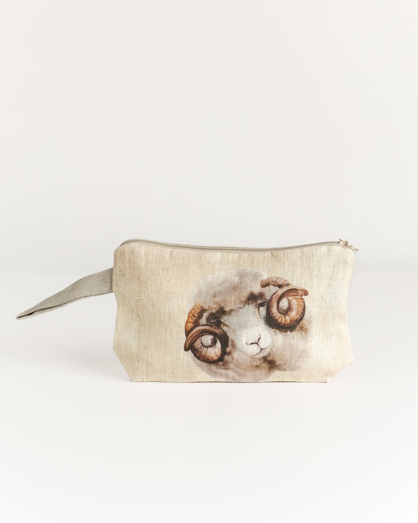 Wristlet pouch with Sheep print fabric Natural linen