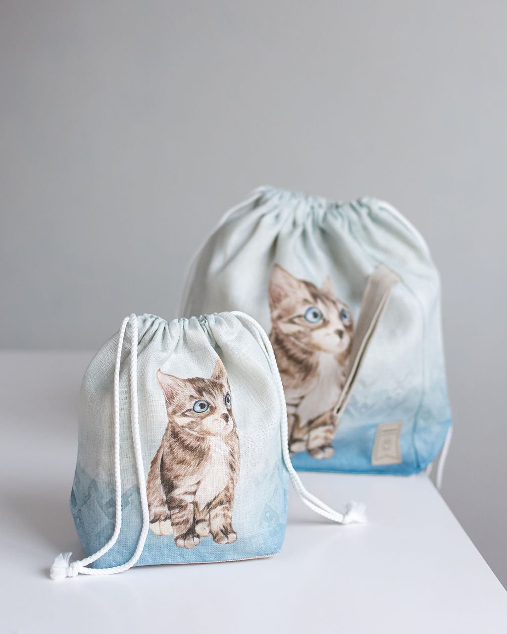 WIP Project Bag with Knitter with Cat print and blue background