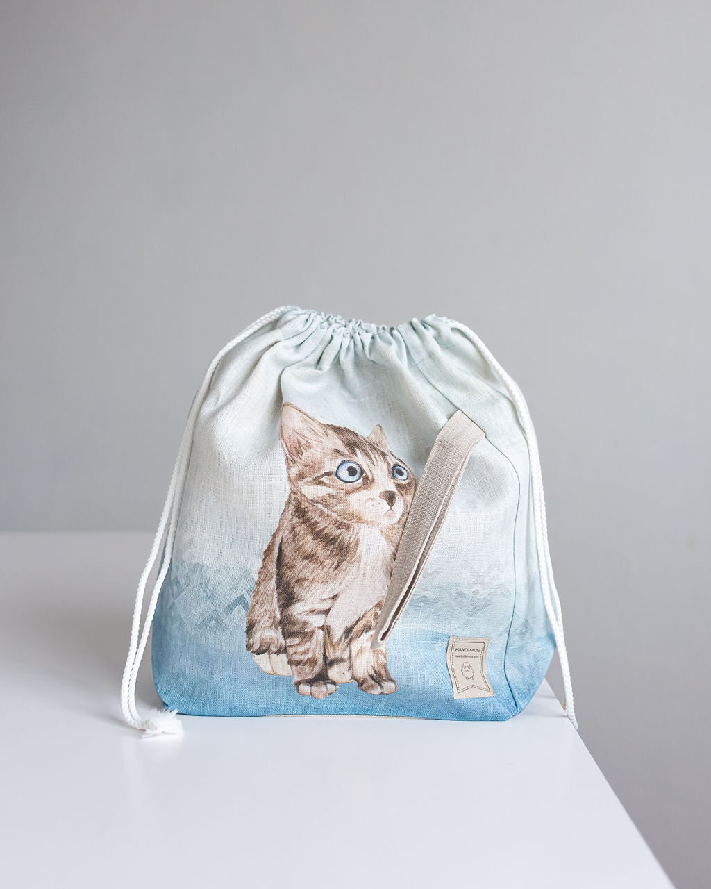 WIP Project Bag with Knitter with Cat print and blue background