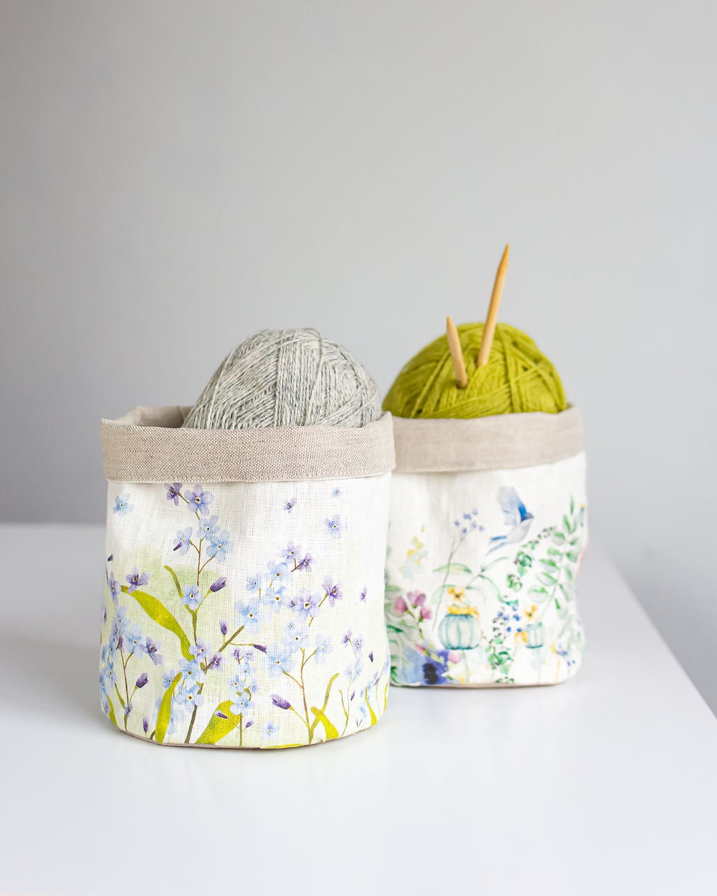 Storage basket with meadow print.