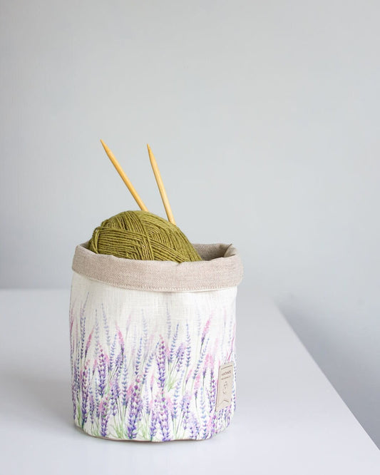 Storage basket with lavender print.