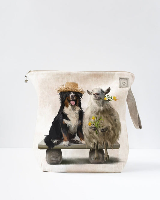 Sheep and Bernie dog print bag. Work in progress Project Bag with zipper. Small, Medium or Large Yarn organizer