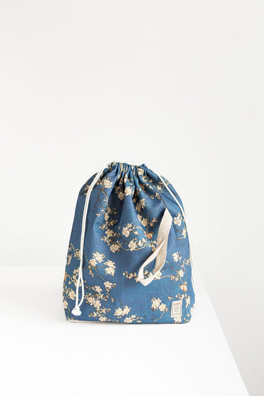 Project bag with Bullfinch and Weeping Cherry by Katsushika Hokusai print. XL size Knitting Project Bag.