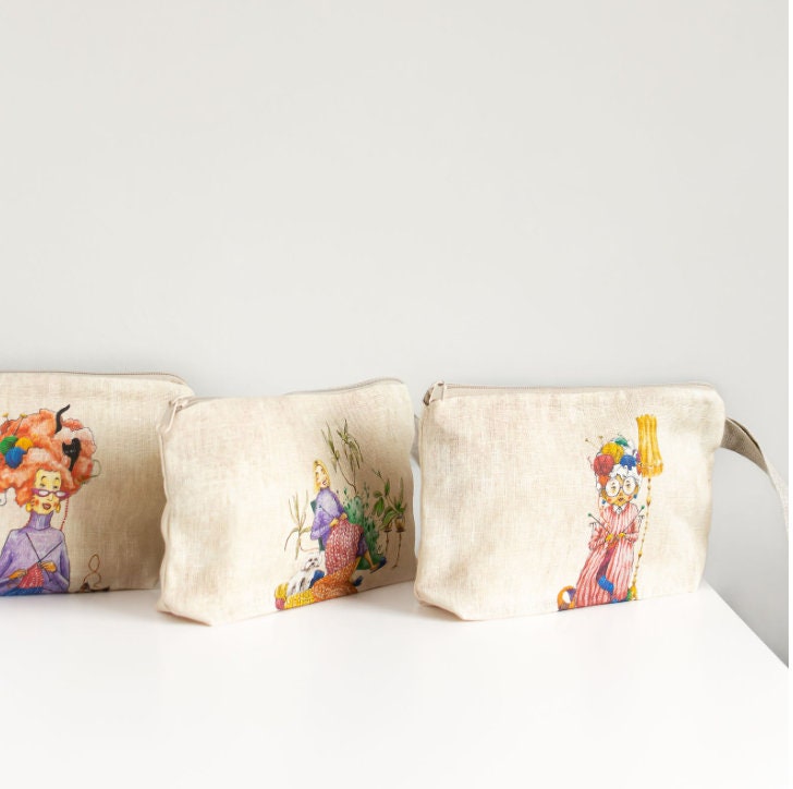 Linen Wristlet pouch with Old Lady who is crochet print.