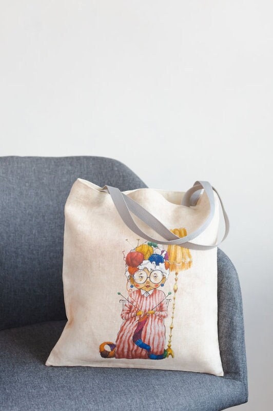 Linen Tote Bag. Shopping tote with knitter or lady print.