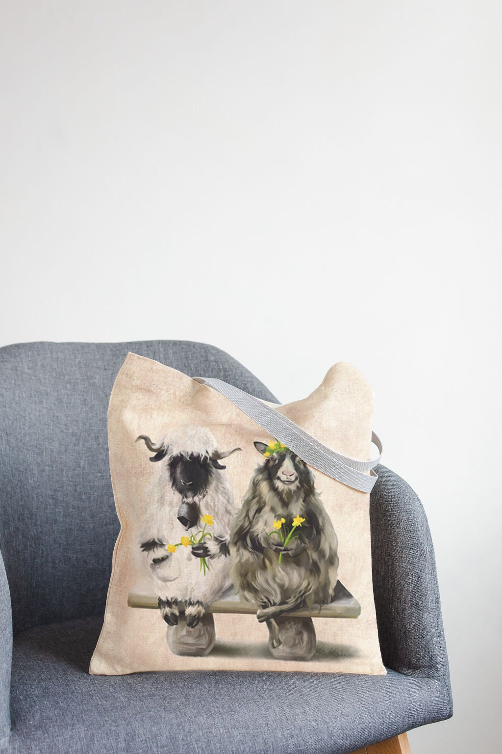 Linen Market Bag. Shopping tote with sheep.