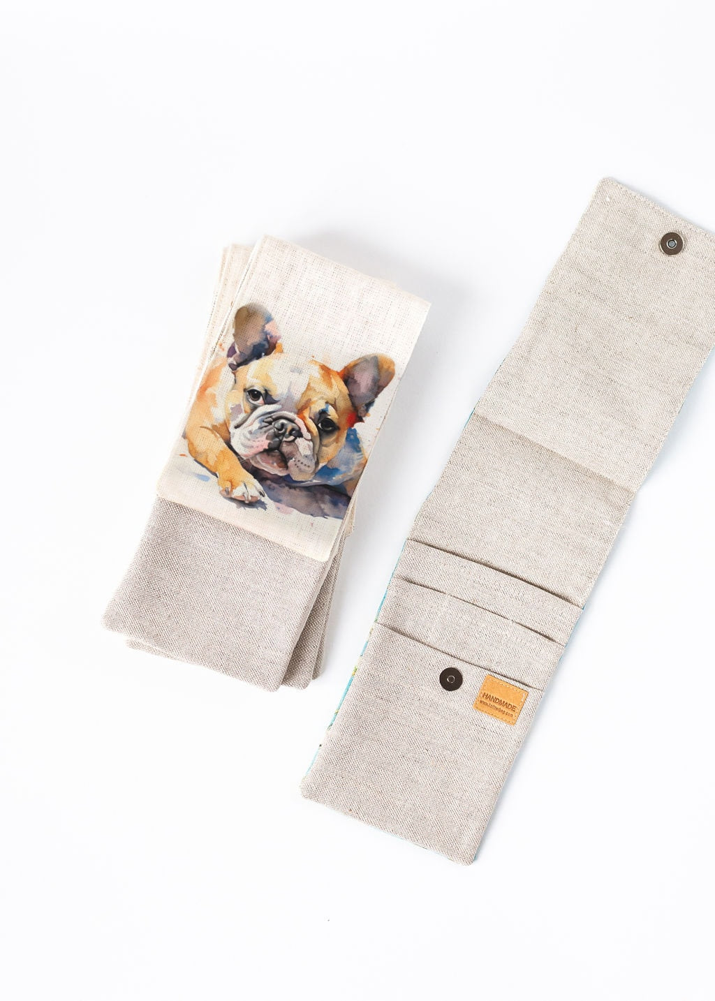 Knitting needle organizer case. Size: 4" x 9,2" (or 4" x 11"). Needles, Crochets and Hooks Case with bulldog print.