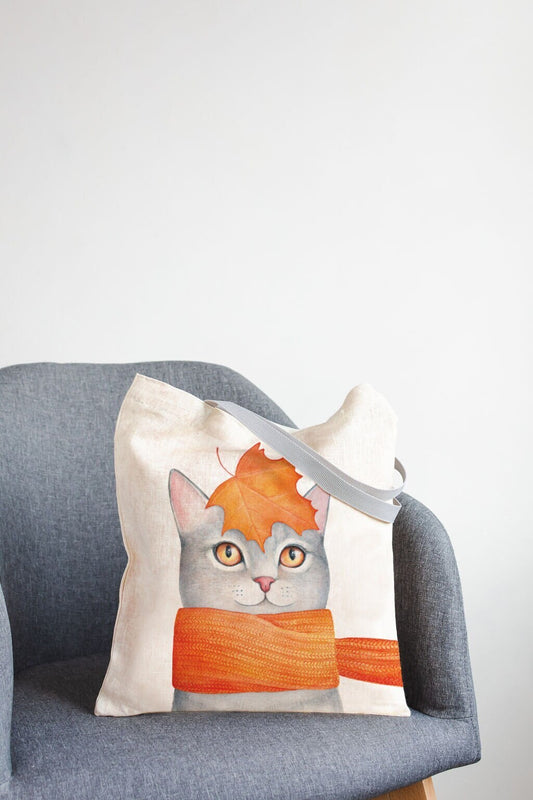 Linen Market Bag. Shopping tote with cat print.