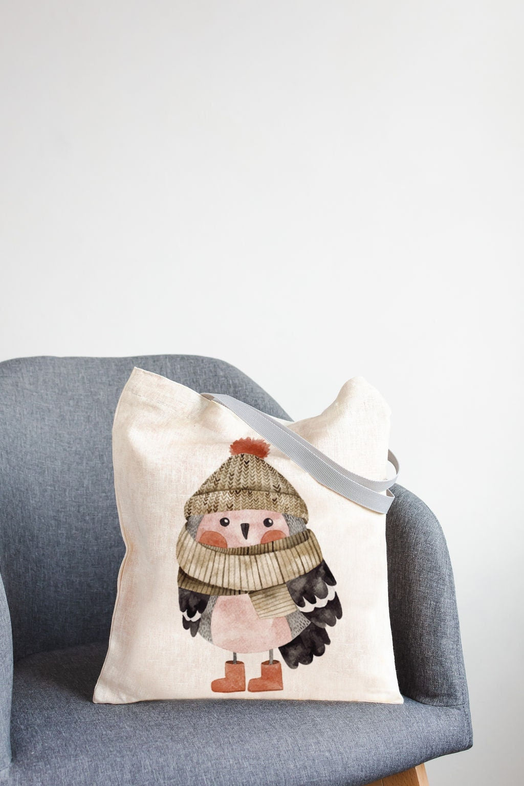 Linen Market Bag. Shopping tote with bird print