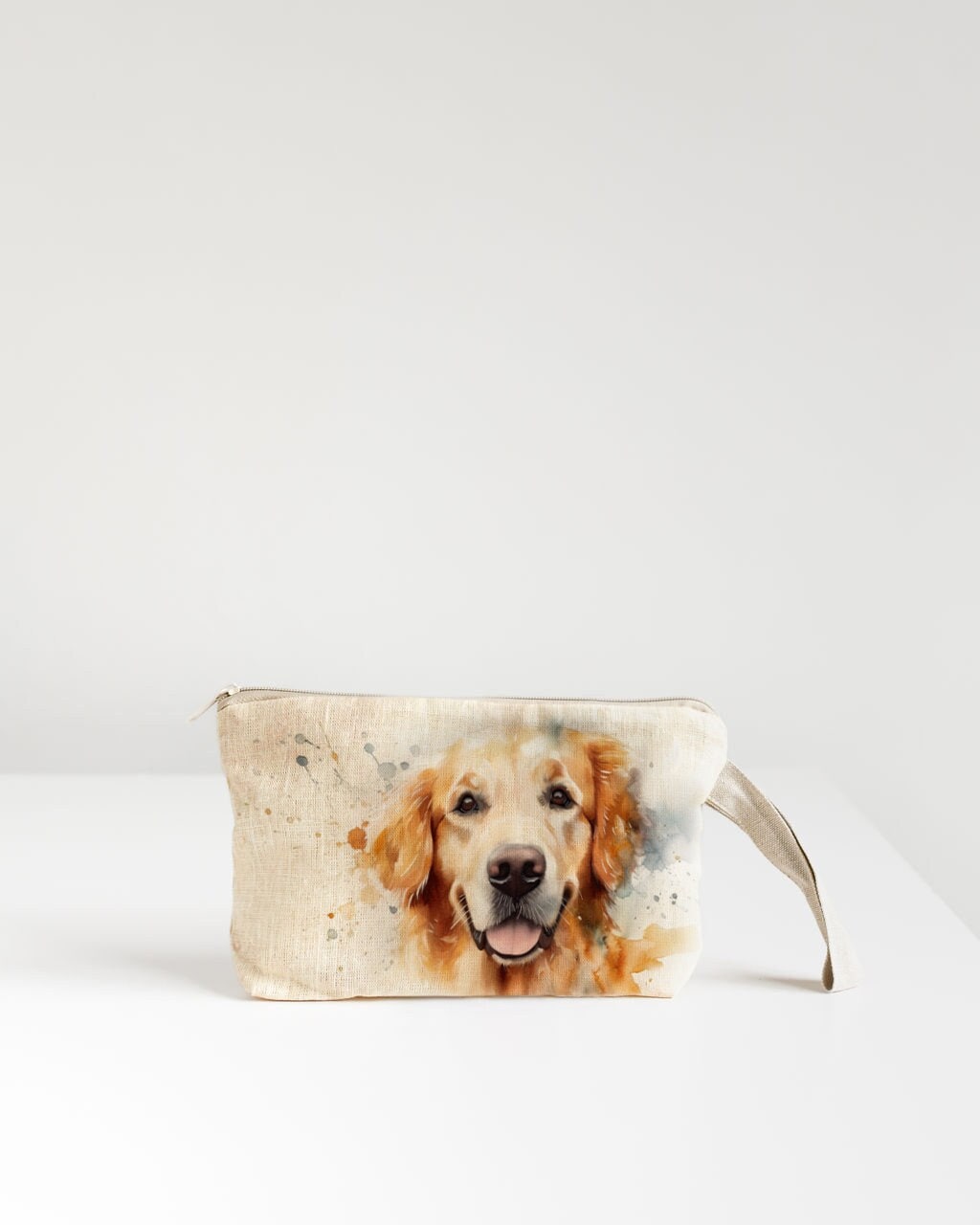 Linen Wristlet pouch with French Bulldog print, pencil case, cosmetic bag.