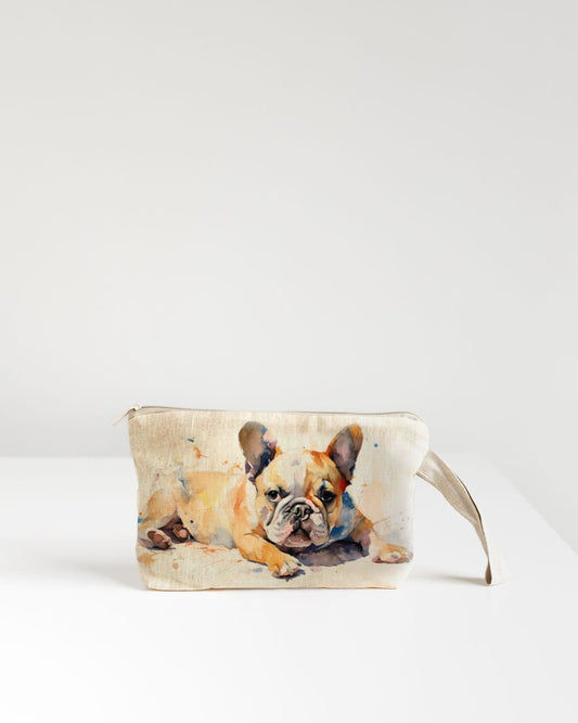 Linen Wristlet pouch with French Bulldog print, pencil case, cosmetic bag.