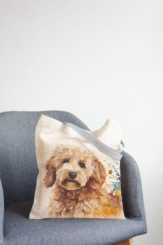Linen Market Bag. Shopping tote with Goldendoodle print.