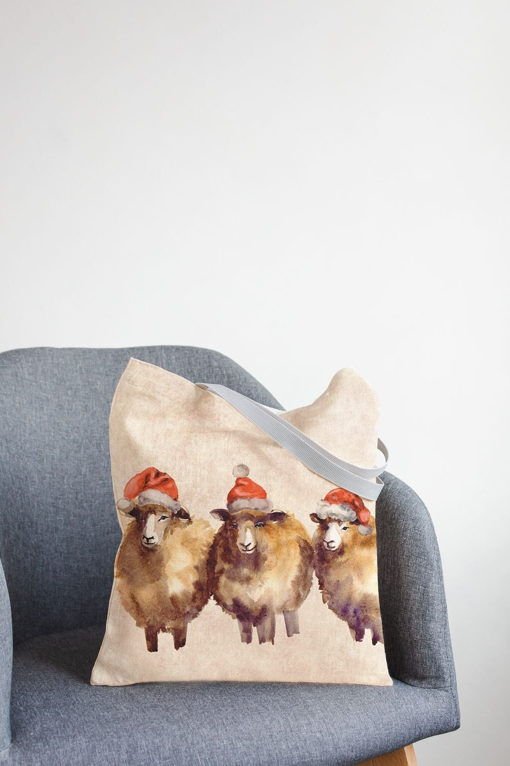 Linen Market Bag. Shopping tote with Christmas mood sheep pattern.