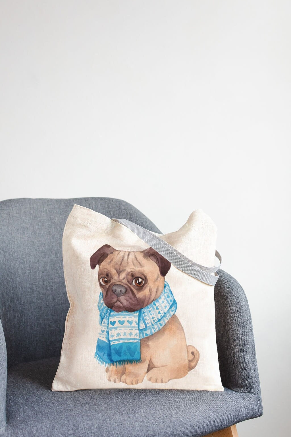 Linen Market Bag. Shopping tote with dog print.
