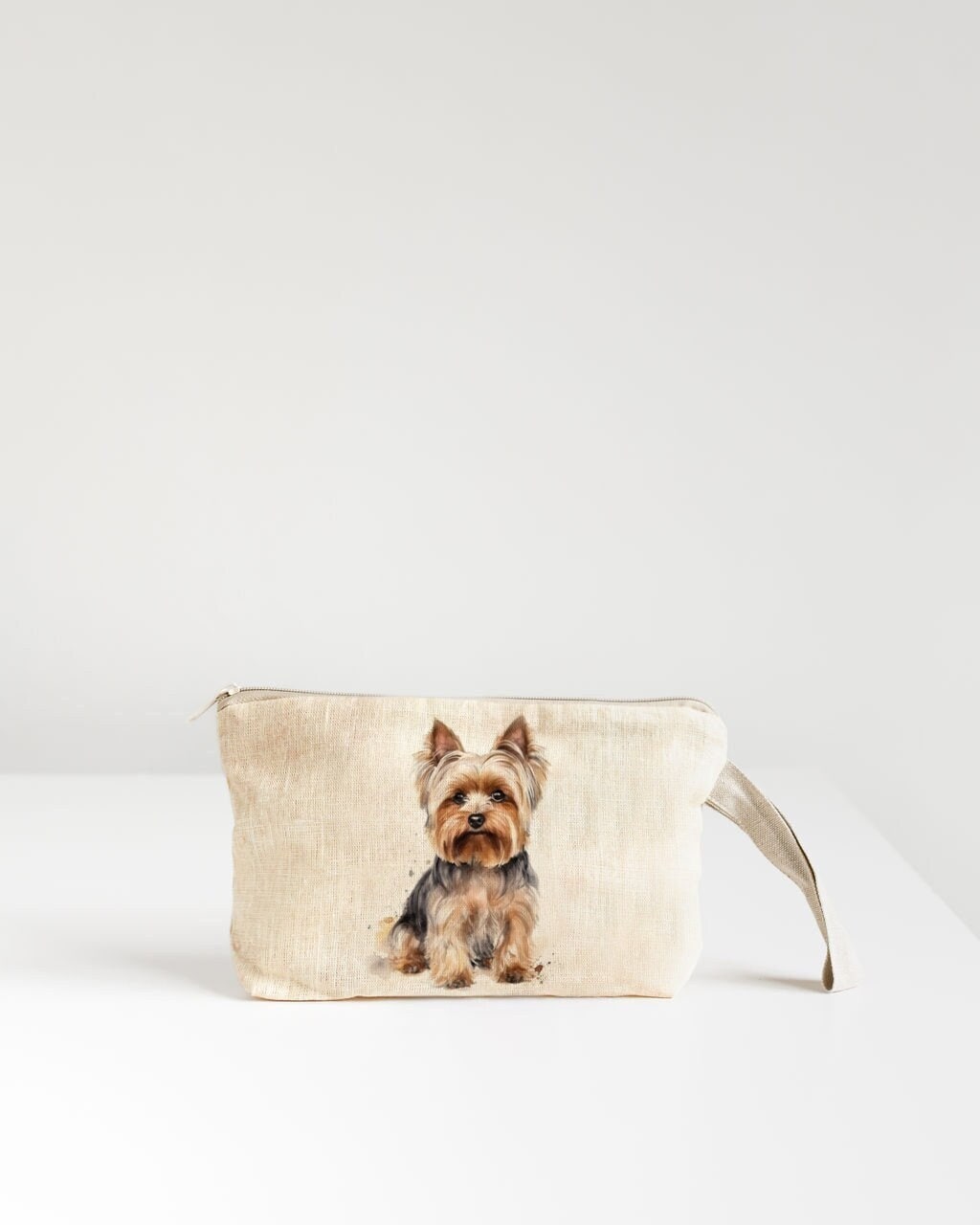 Linen Wristlet pouch with Yorkshire Terrier print.