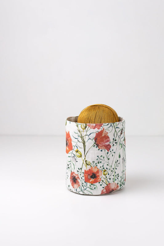 Linen fabric burlap basket with Poppy print.